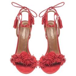 Pre Owned Aquazzura Red Suede Wild Things Ankle Wrap Sandals Size 38