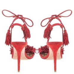 Pre Owned Aquazzura Red Suede Wild Things Ankle Wrap Sandals Size 38
