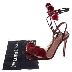 Pre Owned Aquazzura Burgundy Suede Pompom Strappy Sandals Size 38.5