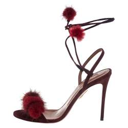 Pre Owned Aquazzura Burgundy Suede Pompom Strappy Sandals Size 38.5