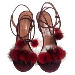 Pre Owned Aquazzura Burgundy Suede Pompom Strappy Sandals Size 38.5