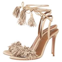 Pre Owned Aquazzura Beige Fringed Suede Wild Thing Ankle Wrap Sandals Size 38