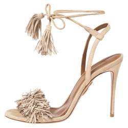 Pre Owned Aquazzura Beige Fringed Suede Wild Thing Ankle Wrap Sandals Size 38