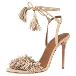 Pre Owned Aquazzura Beige Fringed Suede Wild Thing Ankle Wrap Sandals Size 38