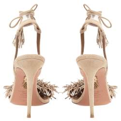 Pre Owned Aquazzura Beige Fringed Suede Wild Thing Ankle Wrap Sandals Size 38