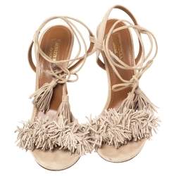 Pre Owned Aquazzura Beige Fringed Suede Wild Thing Ankle Wrap Sandals Size 38