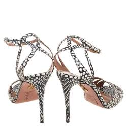 Pre Owned Aquazzura White/Black Python Embossed Leather Ankle Strap Sandals Size 41