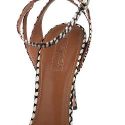 Pre Owned Aquazzura White/Black Python Embossed Leather Ankle Strap Sandals Size 41