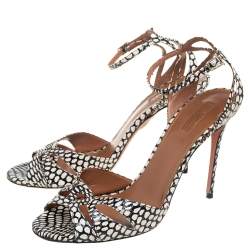 Pre Owned Aquazzura White/Black Python Embossed Leather Ankle Strap Sandals Size 41