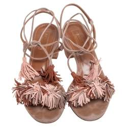 Pre Owned صندل أكوازورا وايلد ثينغ جلد سويدي بيج بشراشيب وحزام الكاحل مقاس 37