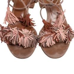 Pre Owned صندل أكوازورا وايلد ثينغ جلد سويدي بيج بشراشيب وحزام الكاحل مقاس 37