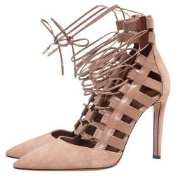 Pre Owned Aquazzura Beige Suede and Leather Amazon Ankle Wrap Pumps Size 38