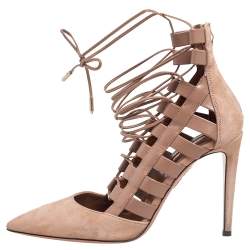 Pre Owned Aquazzura Beige Suede and Leather Amazon Ankle Wrap Pumps Size 38