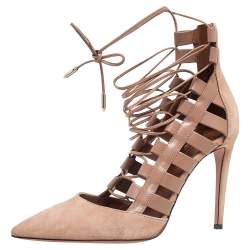 Pre Owned Aquazzura Beige Suede and Leather Amazon Ankle Wrap Pumps Size 38