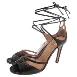 Aquazzura Black Leather Nathalie Ankle Wrap Sandals Size 36.5