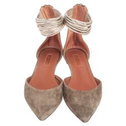 Pre Owned Aquazzura Olive Green Suede Hello Lover Flat Ankle Wrap Sandals Size 38.5