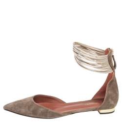 Pre Owned Aquazzura Olive Green Suede Hello Lover Flat Ankle Wrap Sandals Size 38.5