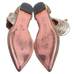 Pre Owned Aquazzura Olive Green Suede Hello Lover Flat Ankle Wrap Sandals Size 38.5