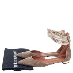 Pre Owned Aquazzura Olive Green Suede Hello Lover Flat Ankle Wrap Sandals Size 38.5