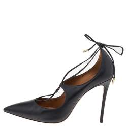 Aquazzura Black Leather Christy Lace Ankle Wrap Pumps Size 38.5