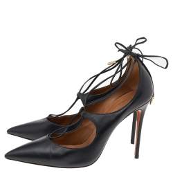 Aquazzura Black Leather Christy Lace Ankle Wrap Pumps Size 38.5