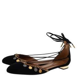 مملوكة مسبقًا حذاء فلات أكوازورا اليكسا دورسي سويدي أسود مزخرف برباط كاحل مقاس 40