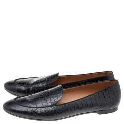 Pre Owned Aquazzura Black Croc Embossed Leather Slip on Loafers Size 38.5