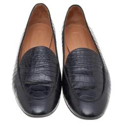 Pre Owned Aquazzura Black Croc Embossed Leather Slip on Loafers Size 38.5