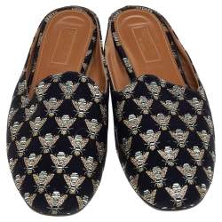 Aquazzura Black Bee Embroidered Fabric Flat Mules Size 39.5