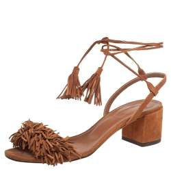 Pre Owned Aquazzura Brown Suede Wild Thing Ankle-Wrap Sandals Size 36