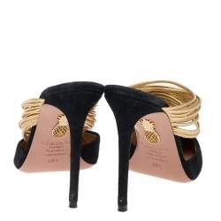 مملوكة مسبقًا حذاء سلايد أكوازورا ريندي فو جلد ذهبي ميتاليك وسويدي أسود مقدمة مدببة مقاس 35.5