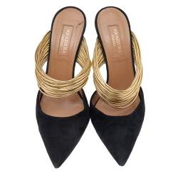 مملوكة مسبقًا حذاء سلايد أكوازورا ريندي فو جلد ذهبي ميتاليك وسويدي أسود مقدمة مدببة مقاس 35.5