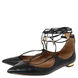 Aquazzura Black Leather Christy Ankle-Wrap Ballet Flats Size 36.5