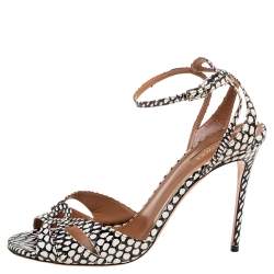 مملوكة مسبقًا Aquazzura White/Black Python Embossed Leather Open Toe Ankle Strap Sandals Size 41
