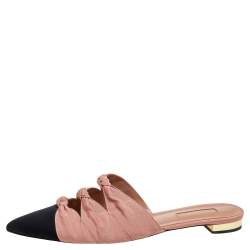 Pre Owned Aquazzura Beige/Black Fabric Twist Cap Toe Mules Size 38.5