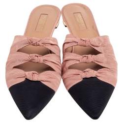 Pre Owned Aquazzura Beige/Black Fabric Twist Cap Toe Mules Size 38.5