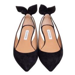 Pre Owned Aquazzura Black Suede Bow Tie Pointed-Toe Flats Size 37.5