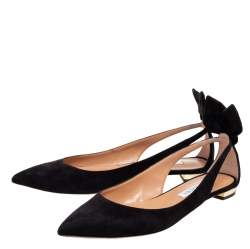 Pre Owned Aquazzura Black Suede Bow Tie Pointed-Toe Flats Size 37.5