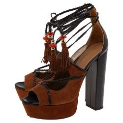 Pre Owned Aquazzura  Brown/Black Suede And Leather  Lace Up Platform Sandals Size 39.5