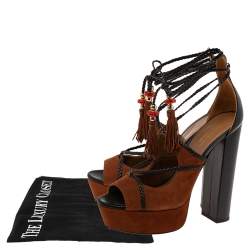 Pre Owned Aquazzura  Brown/Black Suede And Leather  Lace Up Platform Sandals Size 39.5