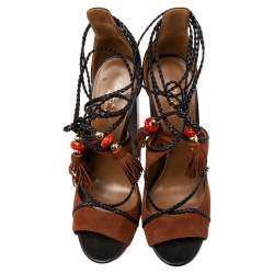 Pre Owned Aquazzura  Brown/Black Suede And Leather  Lace Up Platform Sandals Size 39.5