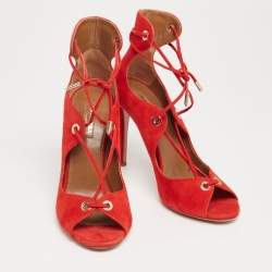 Pre Owned Aquazzura Red Suede Tango Curvy Lace-Up Sandals Size 37