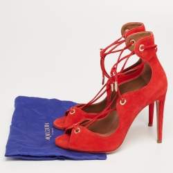 Pre Owned Aquazzura Red Suede Tango Curvy Lace-Up Sandals Size 37
