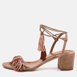 Pre Owned Aquazzura Beige Suede Wild Thing Fringe Ankle Wrap Block Heel Sandals Size 39