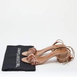 Pre Owned Aquazzura Beige Suede Wild Thing Fringe Ankle Wrap Block Heel Sandals Size 39