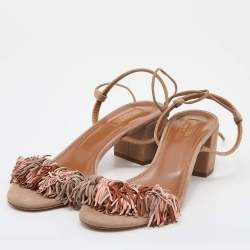 Pre Owned Aquazzura Beige Suede Wild Thing Fringe Ankle Wrap Block Heel Sandals Size 39