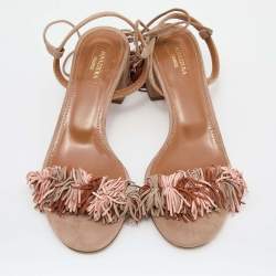 Pre Owned Aquazzura Beige Suede Wild Thing Fringe Ankle Wrap Block Heel Sandals Size 39