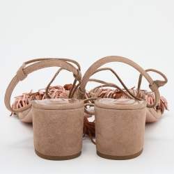Pre Owned Aquazzura Beige Suede Wild Thing Fringe Ankle Wrap Block Heel Sandals Size 39