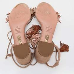 Pre Owned Aquazzura Beige Suede Wild Thing Fringe Ankle Wrap Block Heel Sandals Size 39