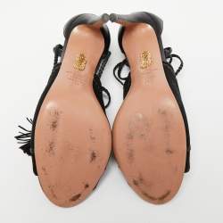 Pre Owned Aquazzura  Black Suede And Leather Open Toe Ankle Wrap  Sandals Size 41